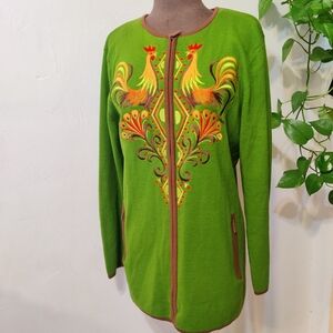 Bob Mackie Wearable Art Vintage Rooster Floral Zip Up Sweater